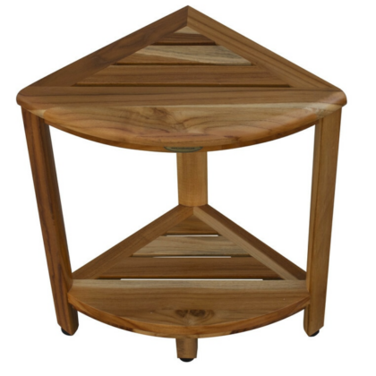 17" Compact Teak Corner Shower Stool With Shelf In Natural Finish