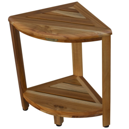 17" Compact Teak Corner Shower Stool With Shelf In Natural Finish