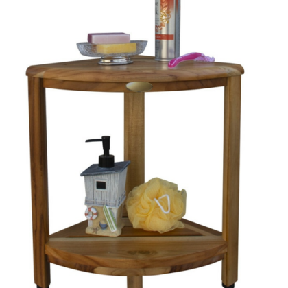 17" Compact Teak Corner Shower Stool With Shelf In Natural Finish