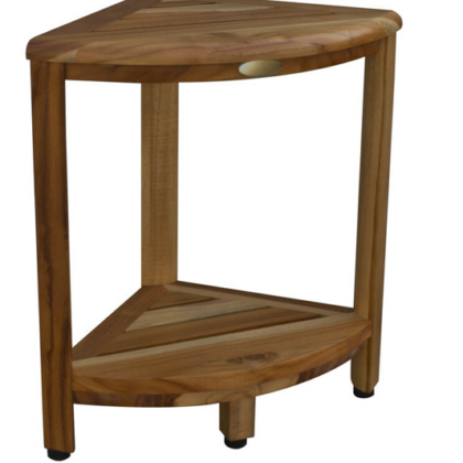 17" Compact Teak Corner Shower Stool With Shelf In Natural Finish