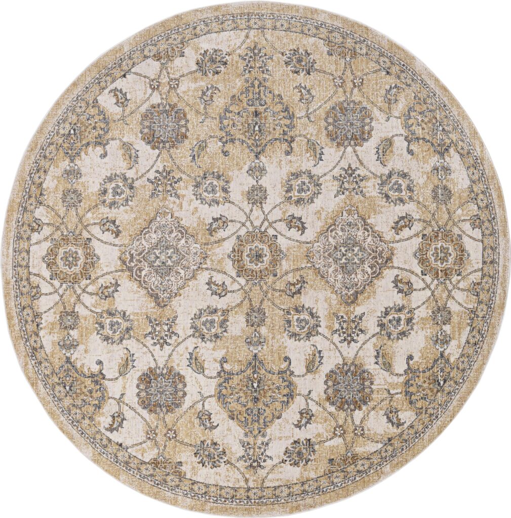 9' Ivory Sand Machine Woven Bordered Floral Vines Round Indoor Area Rug