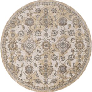 9' Ivory Sand Machine Woven Bordered Floral Vines Round Indoor Area Rug