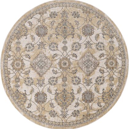 9' Ivory Sand Machine Woven Bordered Floral Vines Round Indoor Area Rug