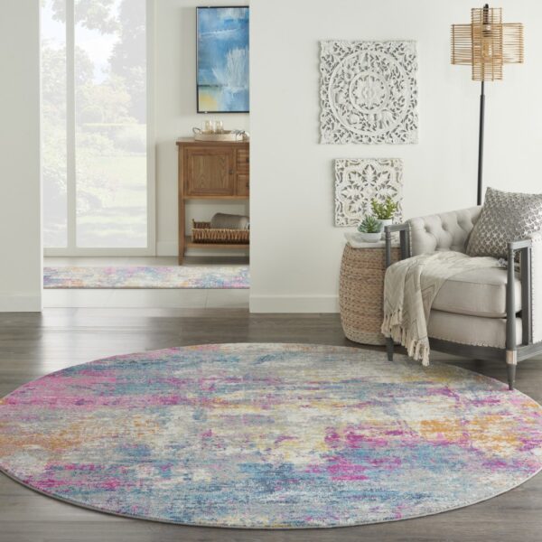 8' Blue And Pink Round Abstract Power Loom Area Rug