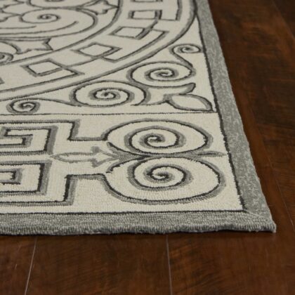 2'X3' Ivory Grey Hand Hooked Uv Treated Greek Key Medallion Indoor Outdoor Accent Rug