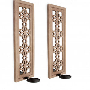 6 X 8.75 X 27.5 Tan Rustic Lattice Mirrors - Candle Holder Sconce Set