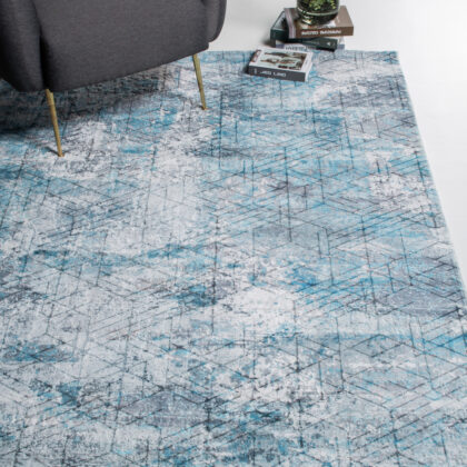 2’ x 7’ Blue Gray Abstract Cuboid Modern Runner Rug