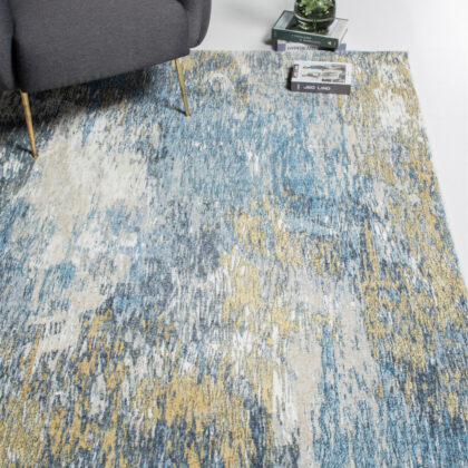 8' Blue And Gold Abstract Dhurrie Runner Rug