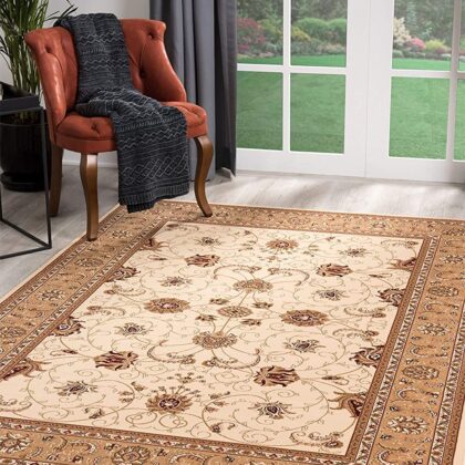 4’ x 6’ Cream and Tan Ornate Border Area Rug