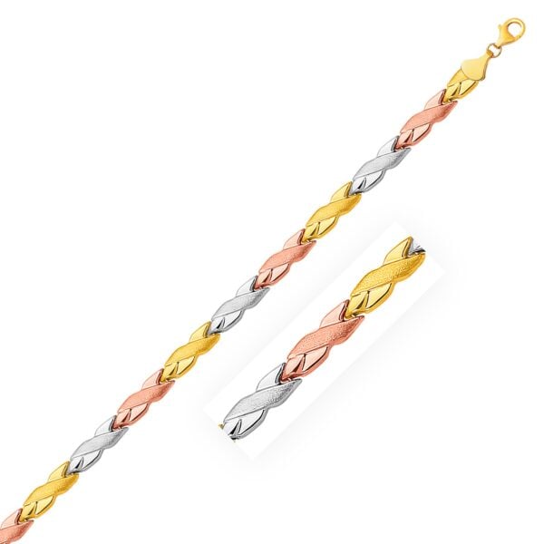 Jewelry — 14k Tri-Color Gold Shiny and Textured X Link Bracelet
