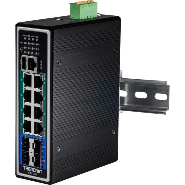 TRENDnet 12-Port Hardened Industrial Gigabit PoE+ Layer 2+ Managed DIN-Rail Switch, 240W Power Budget, Hardened IP30 Network Ethernet Gigabit PoE+ Switch, Lifetime Protection, Black, TI-PG1284i