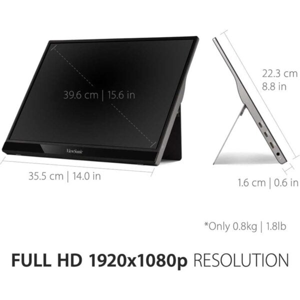 ViewSonic VG1655 15.6 Inch 1080p Portable Monitor with 2 Way Powered 60W USB C, IPS, Eye Care, Dual Speakers, Built in Stand with Smart Cover