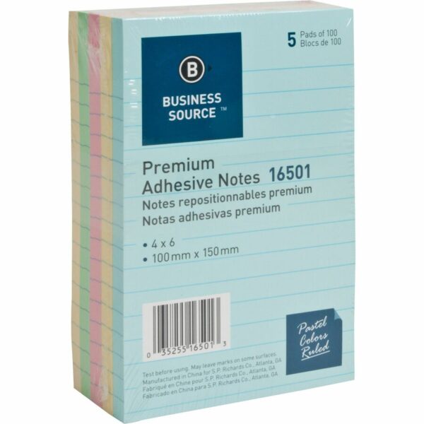 Universal One® Self-Stick Notes 4 x 6 Lined 4 Pastel Colors 5 100-Sheet Pads/Pack
