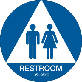 Brady® Architectural Sign, Restroom Symbol & Braille, 12"Dia., White on Blue, 106181