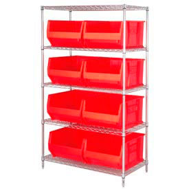 Quantum WR5-975 Chrome wire Shelving With 8 30""D Hopper Bins Red 30x42x74