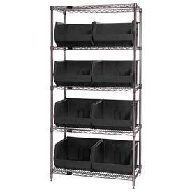 Quantum WR5-270 Chrome Wire Shelving With 8 Giant Plastic Stacking Bins Black 36x18x74