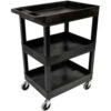 Luxor Plastic Utility Tub Cart 24"" x 18"" Three Shelf Black w/ 5"" Heavy Duty Casters 500 Lbs Cap.