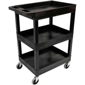 Luxor Plastic Utility Tub Cart 24"" x 18"" Three Shelf Black w/ 5"" Heavy Duty Casters 500 Lbs Cap.