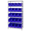 Quantum WR6-265 Chrome Wire Shelving With 20 Giant Plastic Stacking Bins Blue 36x18x74