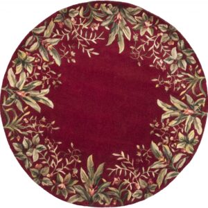 6' Round Ruby Red Wool Floral Area Rug