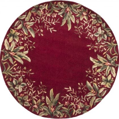 6' Round Ruby Red Wool Floral Area Rug