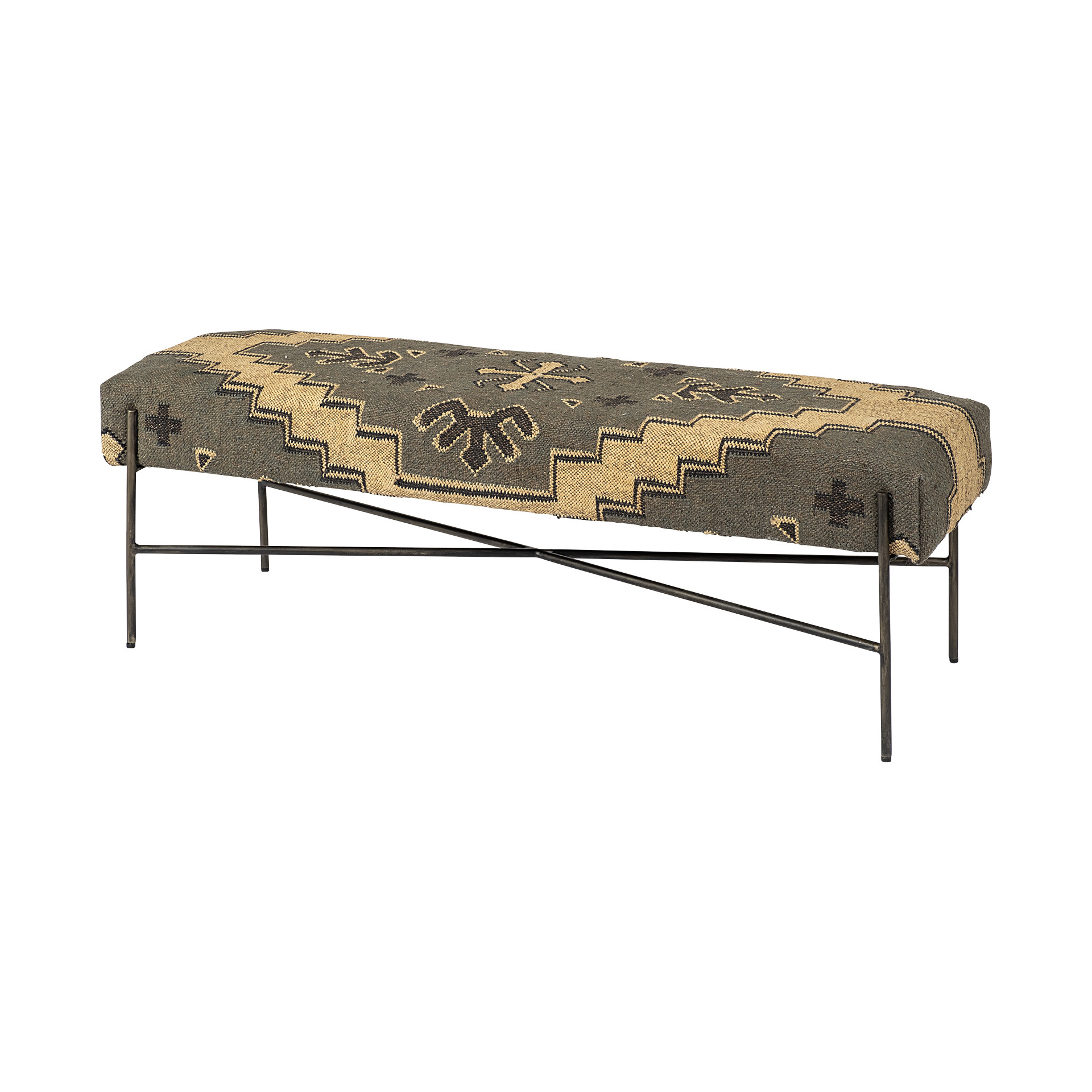 Rectangular Metalantiqued-Nickel Toned Base W Upholstered Tan Pattered Seat Accent Bench