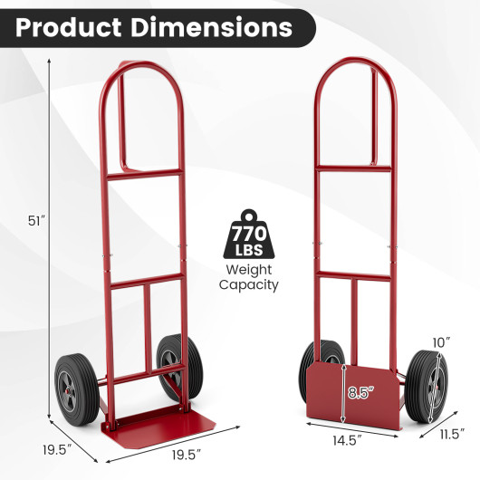 P-Handle Sack Truck with 10 Inch Wheels and Foldable Load Area-Red