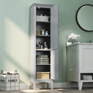 Tall Bathroom Floor Cabinet with Shutter Doors and Adjustable Shelf-Gray