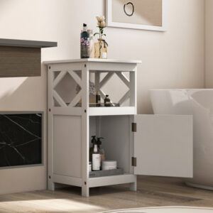 Bathroom Floor Cabinet Side Storage Organizer with Open Shelf and Single Door-White
