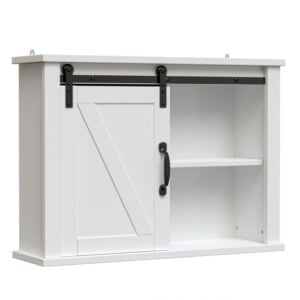 Bathroom Wall-Mounted Medicine Cabinet Organizer with Sliding Barn Door-White