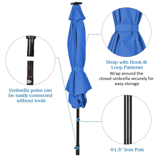 9 Feet Solar LED Lighted Patio Market Umbrella Tilt Adjustment Crank Lift-Blue