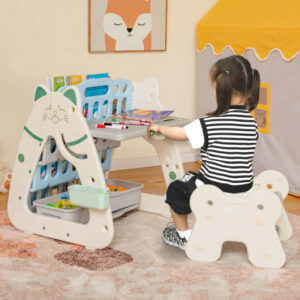3-In-1 Double Sided Magnetic Dry-Erase Board with Stool and Flipped Writing Desktop-Navy
