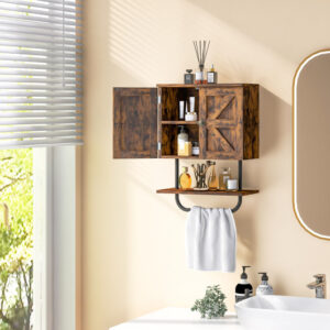 2-Door Bathroom Wall-Mounted Medicine Cabinet with Open Shelf and Towel Rack-Rustic Brown
