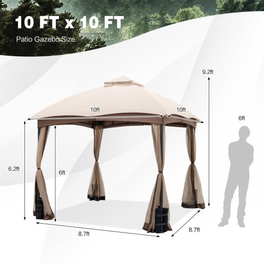 10 X 10 Feet Patio Double-Vent Gazebo with Privacy Netting and 4 Sandbags-Khaki
