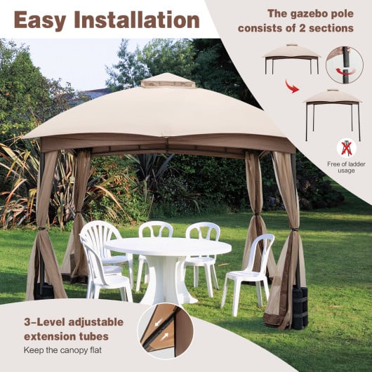 10 X 10 Feet Patio Double-Vent Gazebo with Privacy Netting and 4 Sandbags-Khaki
