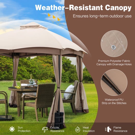 10 X 10 Feet Patio Double-Vent Gazebo with Privacy Netting and 4 Sandbags-Khaki