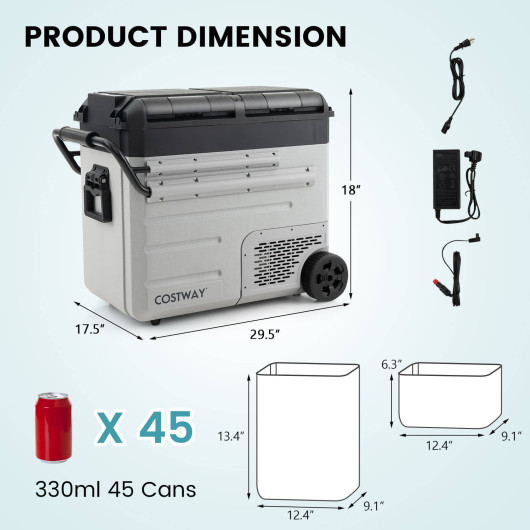 40 Quart Car Refrigerator with 12/24V DC and 110-240V AC Dual Zone-Black & Gray