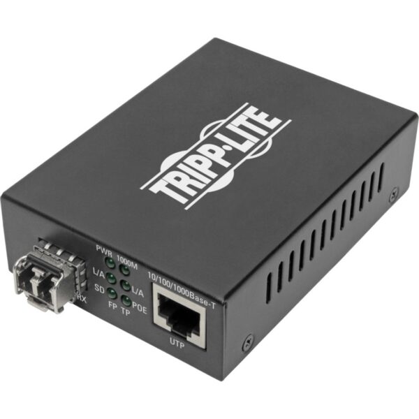Tripp Lite by Eaton Gigabit Multimode Fiber to Ethernet Media Converter, PoE+ - International Power Cables, 10/100/1000 LC, 850 nm, 550 m (1,804 ft.)