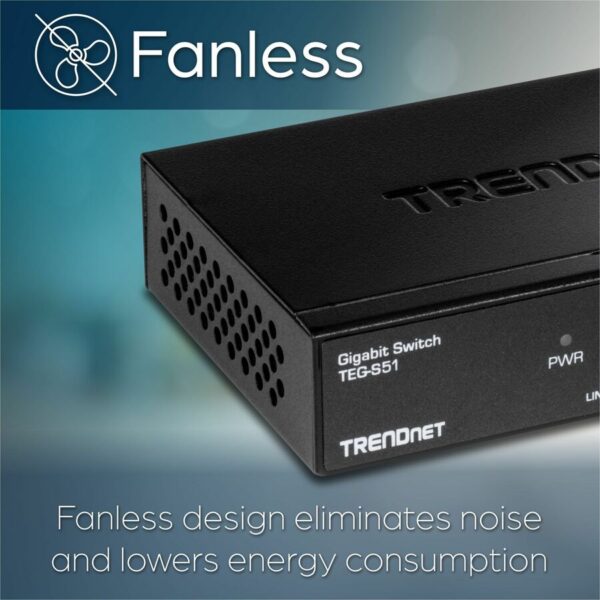 TRENDnet 5-Port Gigabit Desktop Switch, TEG-S51, 5 x Gigabit RJ-45 Ports, 10Gbps Switching Capacity, Fanless Design, Metal Enclosure, Lifetime Protection, Black