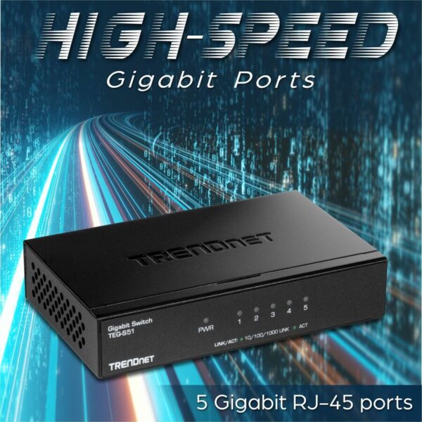 TRENDnet 5-Port Gigabit Desktop Switch, TEG-S51, 5 x Gigabit RJ-45 Ports, 10Gbps Switching Capacity, Fanless Design, Metal Enclosure, Lifetime Protection, Black