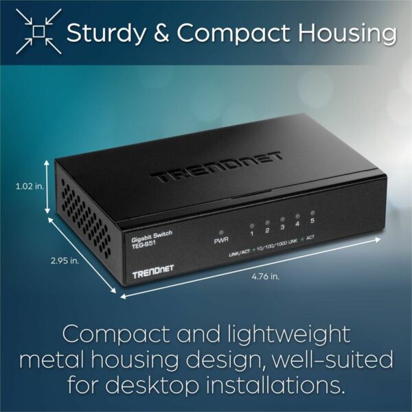 TRENDnet 5-Port Gigabit Desktop Switch, TEG-S51, 5 x Gigabit RJ-45 Ports, 10Gbps Switching Capacity, Fanless Design, Metal Enclosure, Lifetime Protection, Black