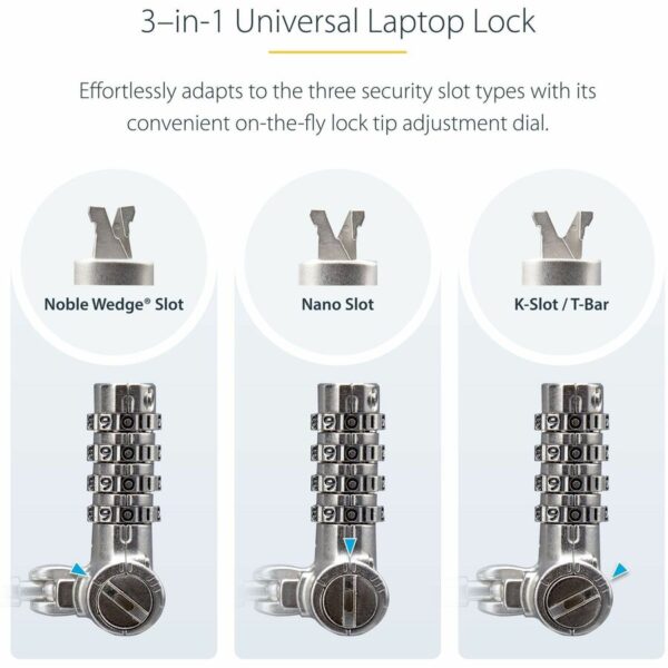 StarTech.com Universal Laptop Lock 6.6ft, Security Cable For Notebook Compatible w/Noble Wedge&reg;/Nano/K-Slot; Keyless Combo. Locking Cable
