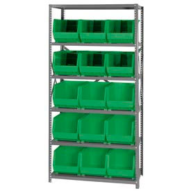 Quantum QSBU-260 Steel Shelving With 15 Giant Stacking Bins Green 18x36x75