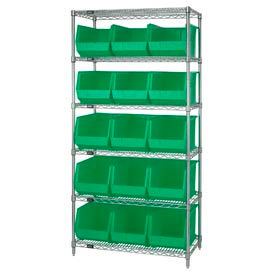 Quantum WR6-260 Chrome Wire Shelving With 15 Giant Plastic Stacking Bins Green 36x18x74
