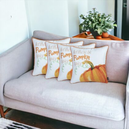 Set Of Four 18" Orange And White Pumpkin Spice Throw Pillow Covers