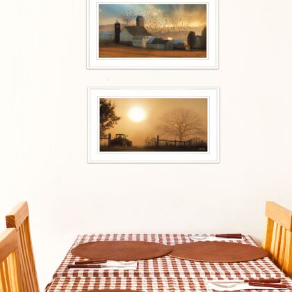 Set Of Two Farm Country Sunrise White Framed Print Wall Art