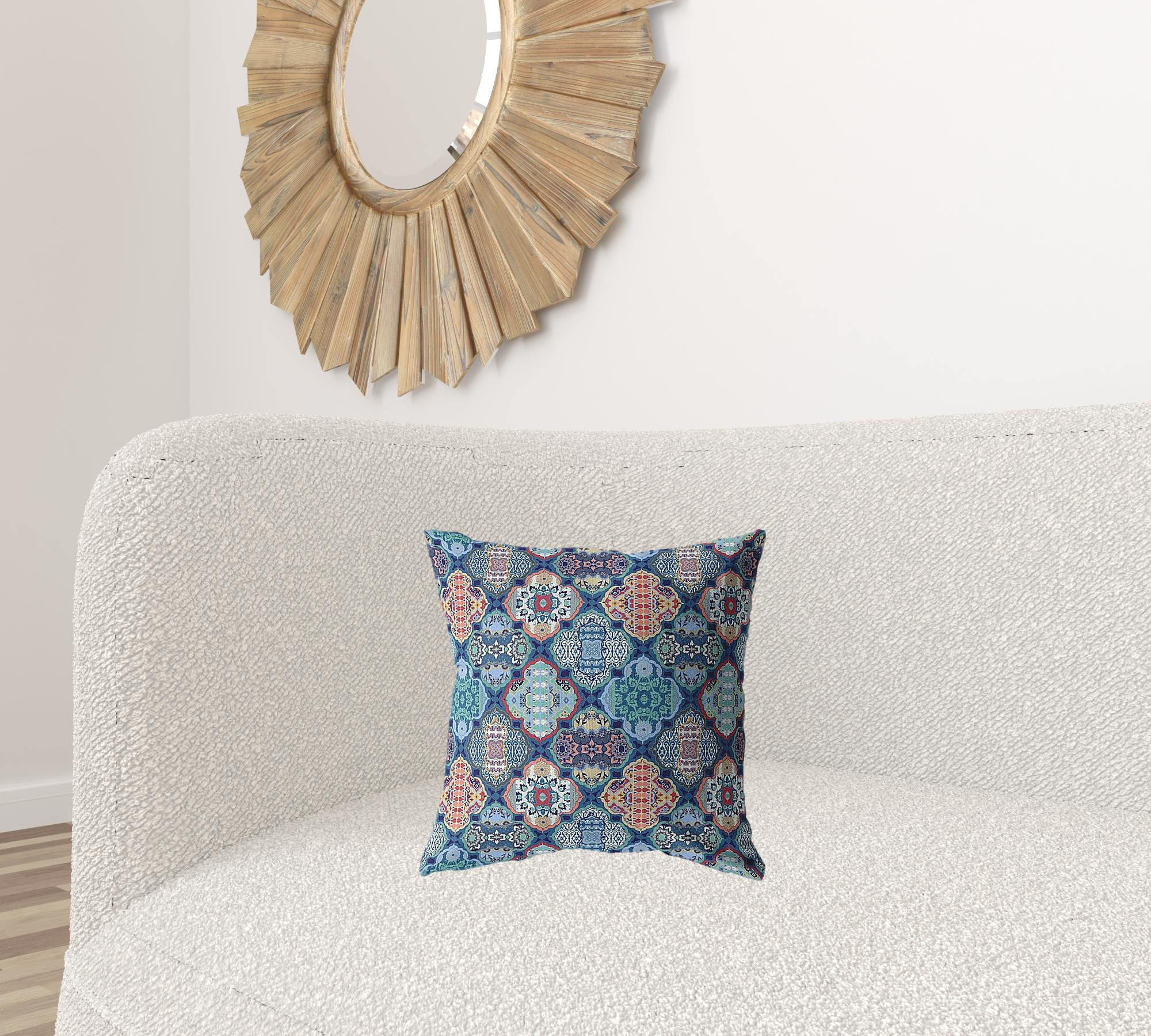 16” Turquoise Red Trellis Suede Zippered Throw Pillow - Image 2