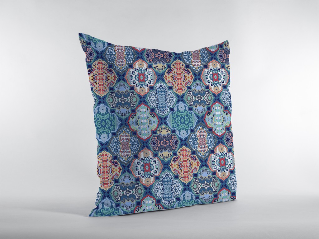 16” Turquoise Red Trellis Suede Zippered Throw Pillow - Image 4