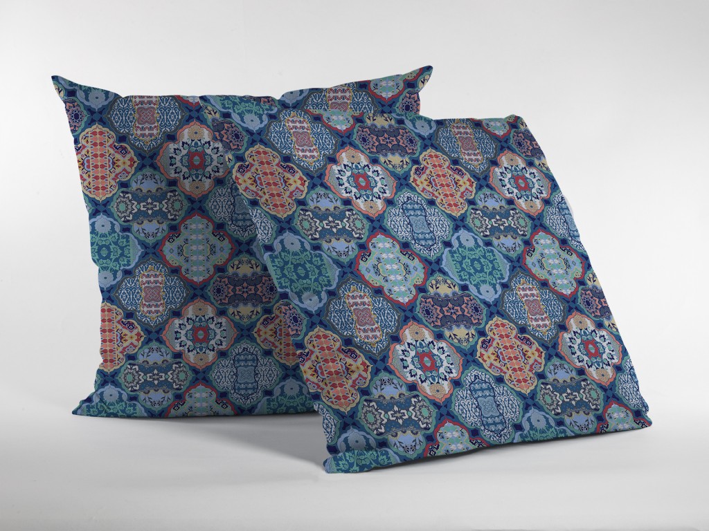 16” Turquoise Red Trellis Suede Zippered Throw Pillow - Image 5