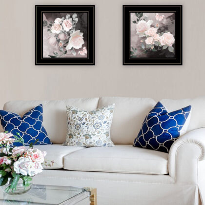 Set of Two Pink Roses and Butterfly Black Framed Print Wall Art